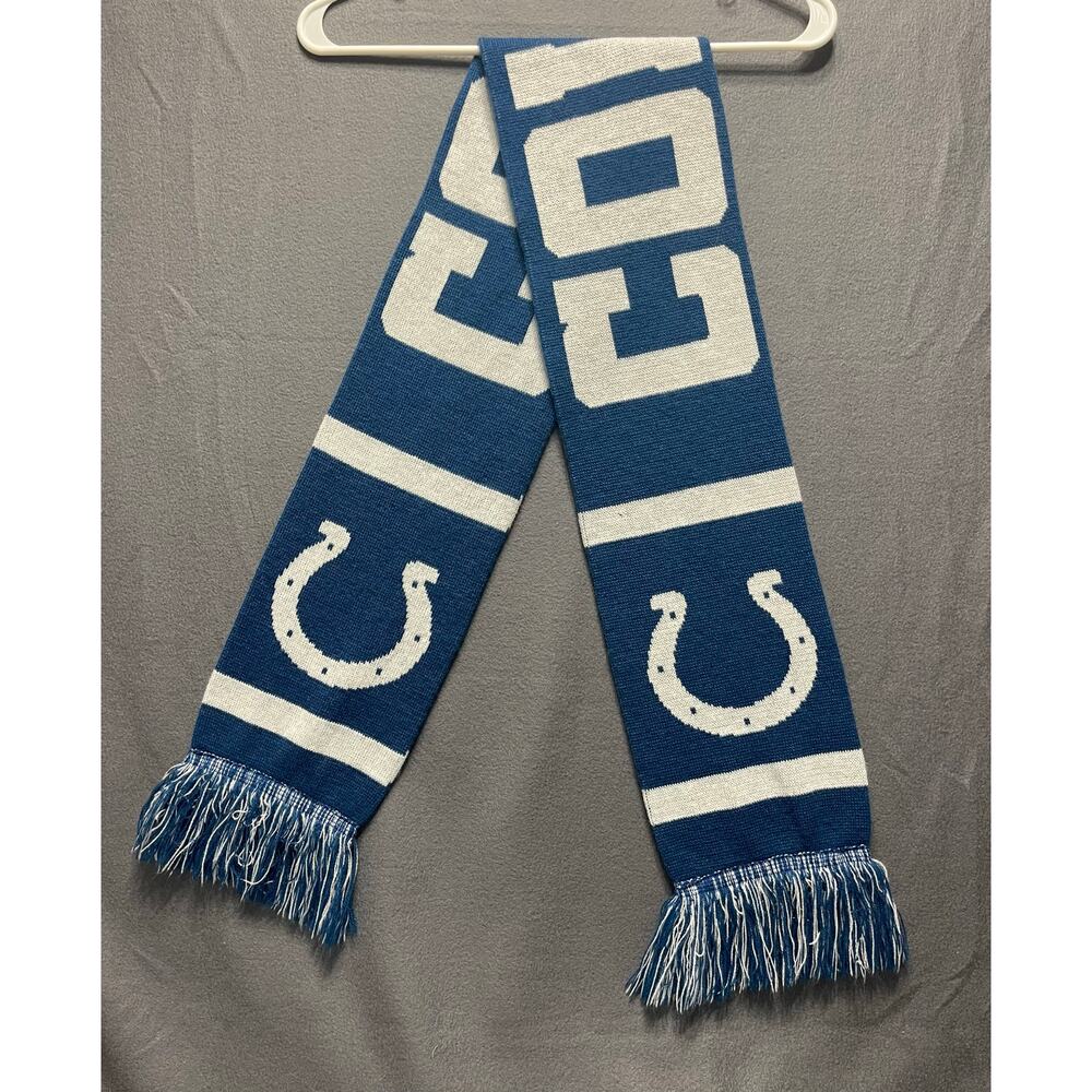 Indianapolis Colts knit scarf in team colors and horseshoe logos. casual gameday